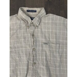 Vintage Chaps Ralph Lauren Mens Size L Button Down Shirt Beige Check Linen Blend